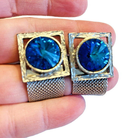 Vintage Blue Rivoli Wrap Cufflinks Large Stones Silvertone Mesh Mid Century Chic - Picture 3 of 8